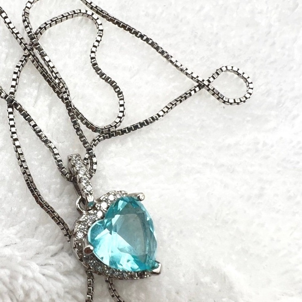 Sterling Silver CZ Necklace‎ Blue Heart Halo Cubic Zirconia - Picture 11 of 14
